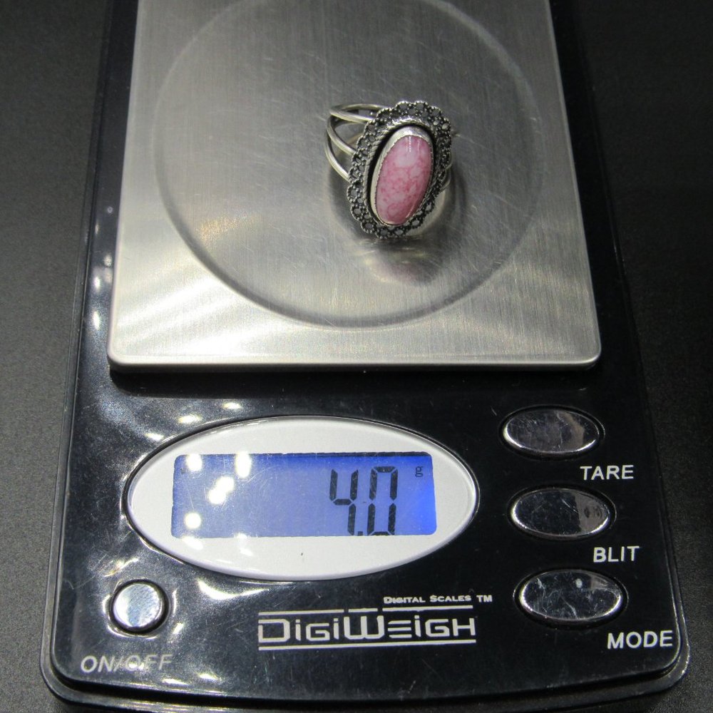 Size 5.75 Sterling Silver Ornate Pink White Stone Adjustable Band Ring Vintage - Picture 8 of 8